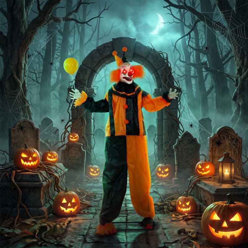 HOMCOM 190cm Life Size Animated Clown Halloween Decorations Outdoor Indoor, Scary Halloween Animatronics Decor with Sound Touch Activated, Red Light Up Eyes, Animated Prop for Haunted House Garden