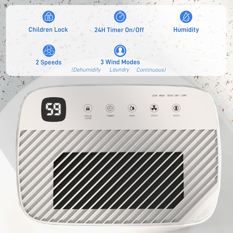 HOMCOM 20L/Day Dehumidifier with Continuous Drainage, 2.5L Water Tank, 24H Timer, Digital Humidity Display, Dehumidifier for Home Damp, Bedroom, Condensation, Mould, Laundry Drying