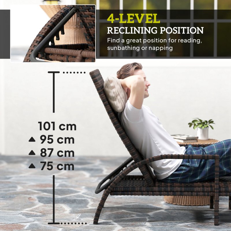 Outsunny PE Rattan Sun Lounger, Garden Lounger with 4-Level Adjustable Backrest, Outdoor Sunbed with Retractable Footrest for Balcony, Beach, Patio, Mixed-brown