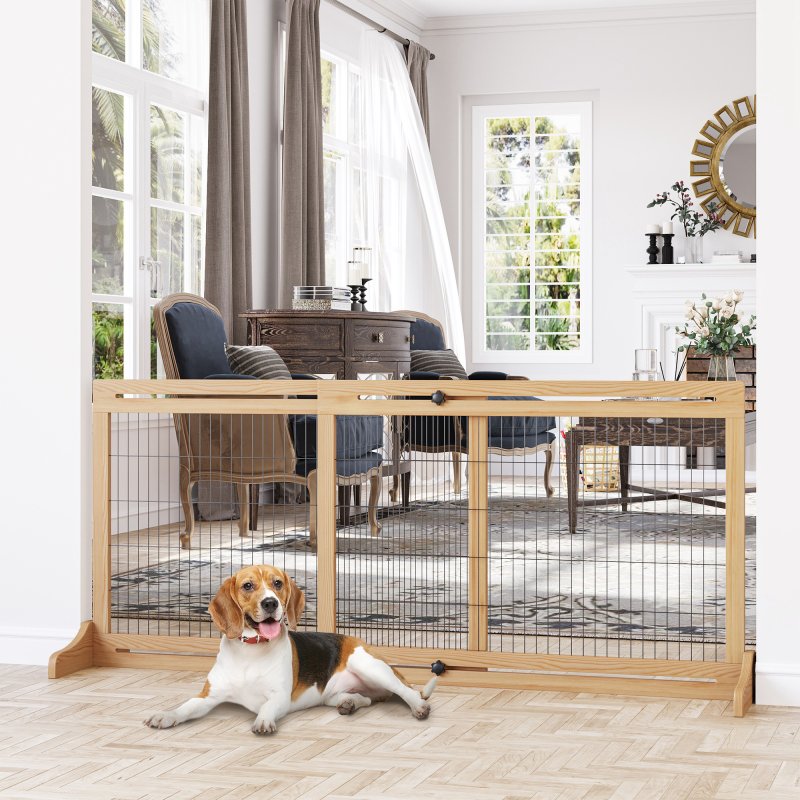 PawHut Freestanding Dog Gate, Foldable Pet Fence, Indoor Wood Barrier, Stair Gate with Support Feet, for Doorway, Hallway, Small and Medium Dogs, 69H x 104-183 cm, Natural Wood Finish