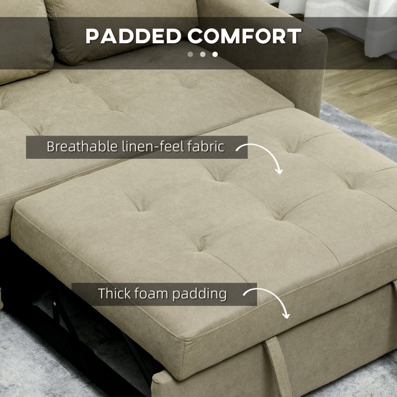 HOMCOM 2 Seater Sofa Bed, Convertible Bed Settee, Modern Fabric Loveseat Sofa Couch with 2 Cushions, Side Pockets for Living Room, Guest Room, Light Brown