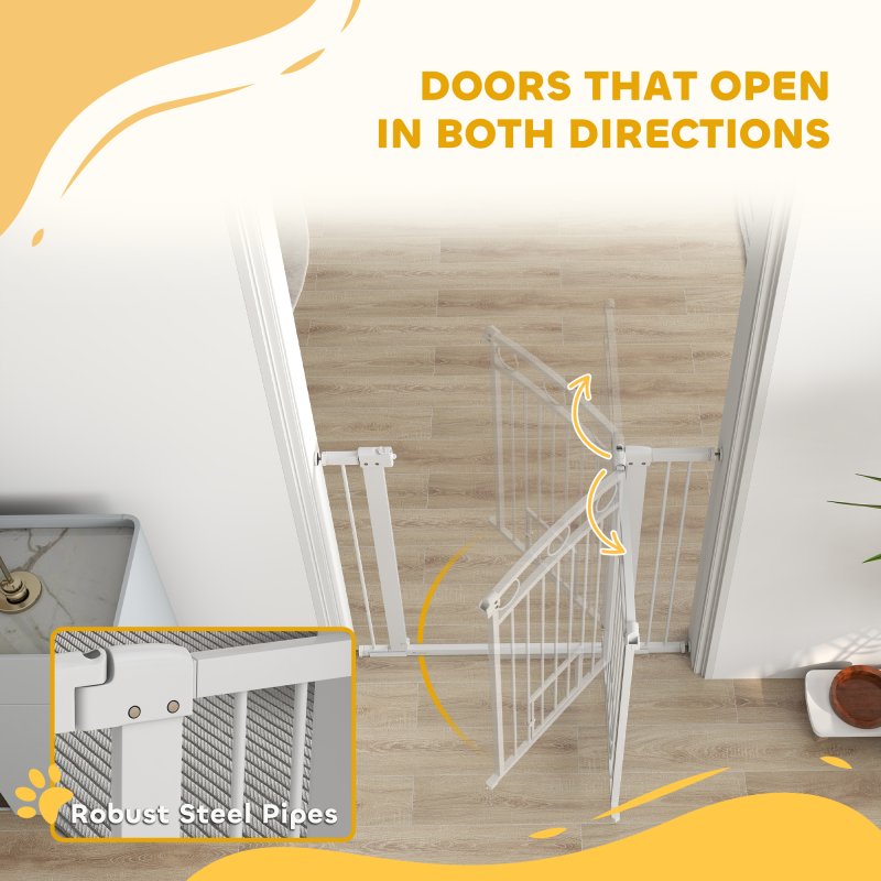 PawHut Dog Stair Gate 106cm Extra Tall Height, 76-104cm Adjustable Width Pressure Fit Safety Gate With Cat Door, 7cm and 14cm Extensions for Stairs, Doorways, Easy Installation, White