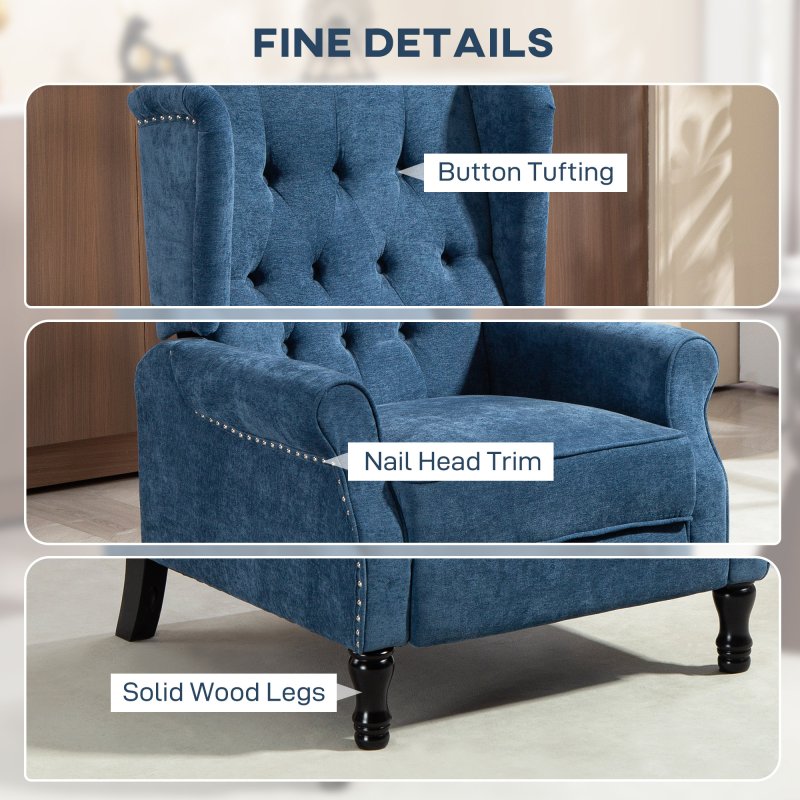 HOMCOM Recliner Armchair, Vintage Reclining Chair with Nail Head Trim, Wingback Chair with Button Tufted Back and Footrest, for Living Room, Royal Blue