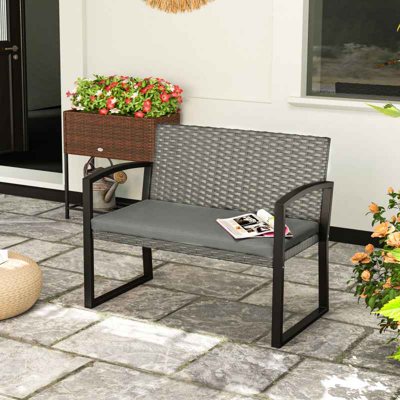 Outsunny 2 Seater Rattan Garden Bench, Outdoor Bench with Cushion, PE Wicker Garden Loveseat with Armrests, Galvanised Steel Frame for Patio, Park, Dark Grey