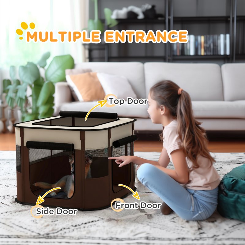 PawHut Dog Pen, Pet Playpen, Portable Foldable Dog Cat Playpen Soft Pet Cage with Storage Bag for Puppies, Rabbits, Kittens, Guinea Pigs, 74 x 60 x 45cm - Brown