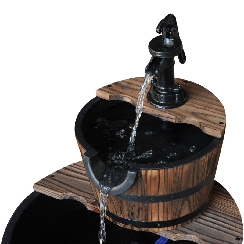 Outsunny Wooden 2-Tier Barrel Water Fountain with Pump Freestanding Cascading Feature Self Contained Water Pump Garden Decoration