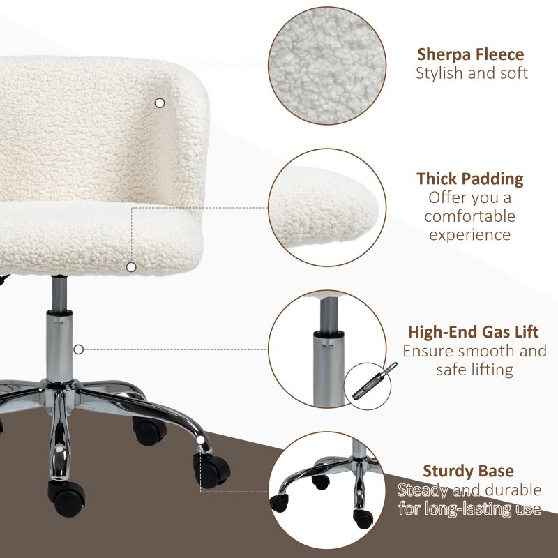 HOMCOM Office Chair, Cosy Teddy Fleece Upholstery Desk Chair with Backrest and Wheels for Home Office, White