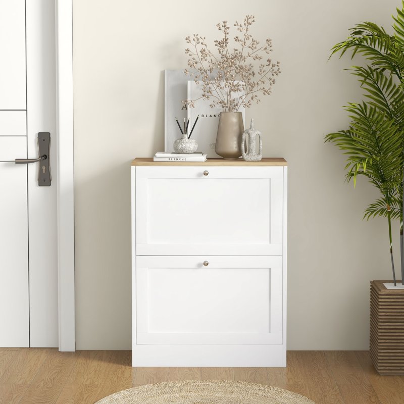 HOMCOM Slim Shoe Storage Cabinet for Hallway, Modern Narrow Shoe Cabinet with 2 Flip Drawers and Adjustable Shelves for 12 Pairs of Shoes, White