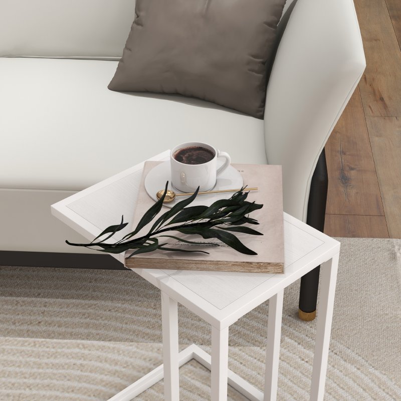 HOMCOM C Shape End Table w/Metal Frame Sofa Side Table Narrow Snack Coffee Table for Living Room