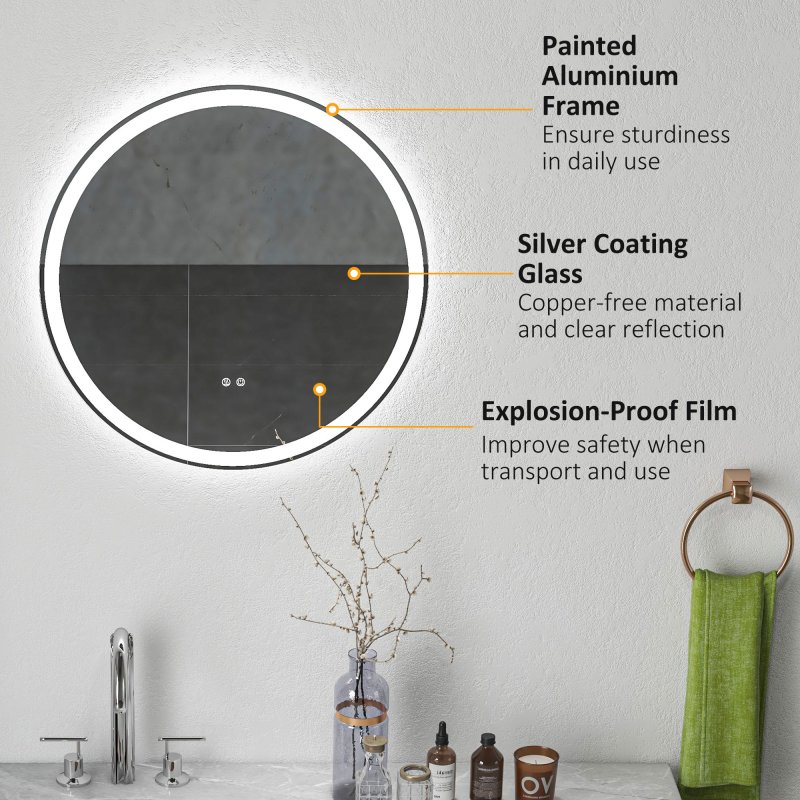 kleankin Round Bathroom Mirror with LED Lights, Wall Mount Dimmable Makeup Mirror with 3 Temperature Colours, Defogging Film and Memory Function, Frameless, Hardwired