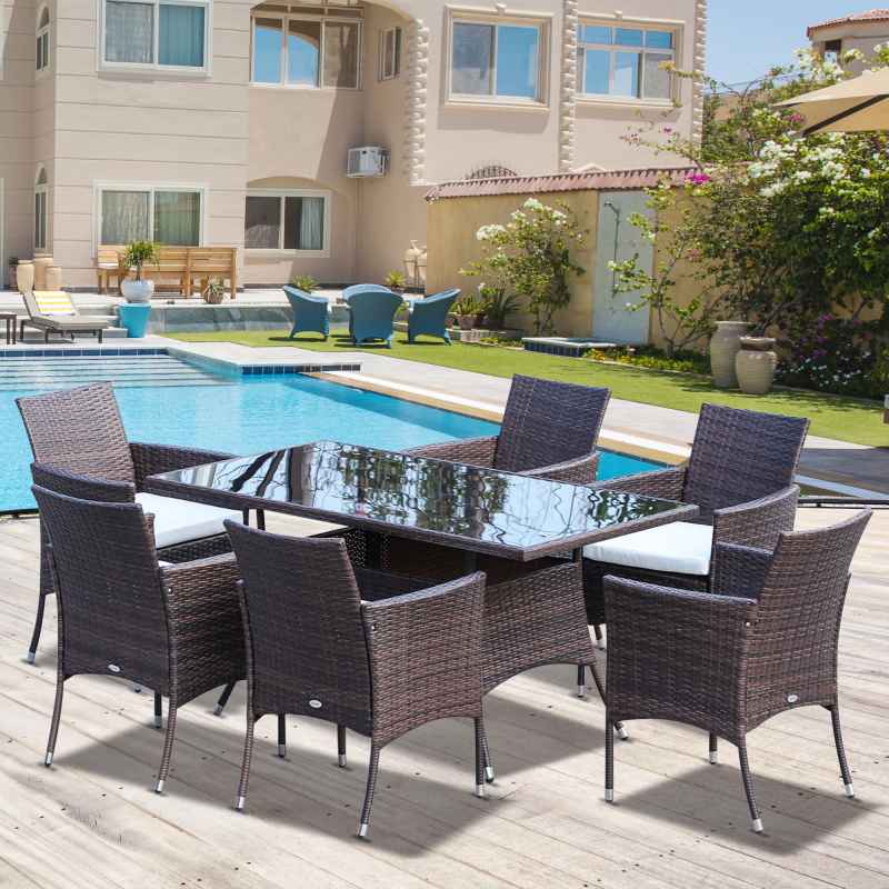 Outsunny 7-Piece Rattan Garden Furniture Set with Cushions, 6 Seater Garden Table and Chairs, Rattan Dining Set with 6 Armchairs, Rectangular Glass Top Table, Brown