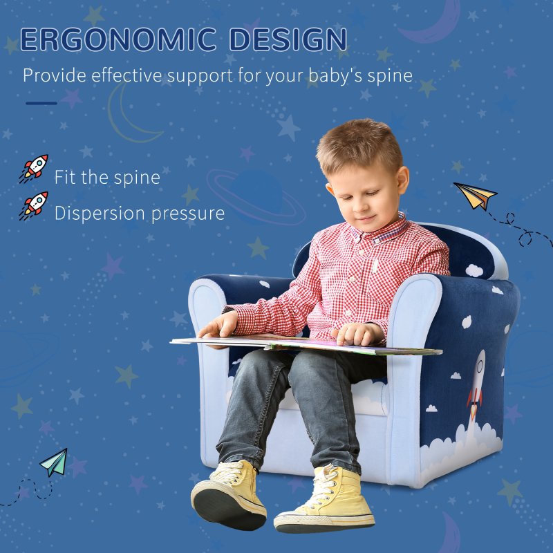 HOMCOM Children's Armchair Flannel Kids Sofa Tub Chair Cartoon Rocket Pattern Wooden Frame Bedroom Playroom Seater Blue
