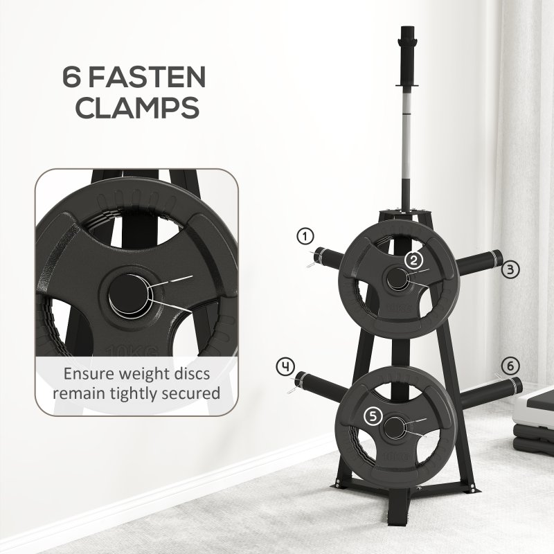 SPORTNOW Weight Rack, Weight Tree for 5cm Weight Plates and Barbell Bar with 6 Fasten Clamps for Home Gym Storage, 300kg Capacity