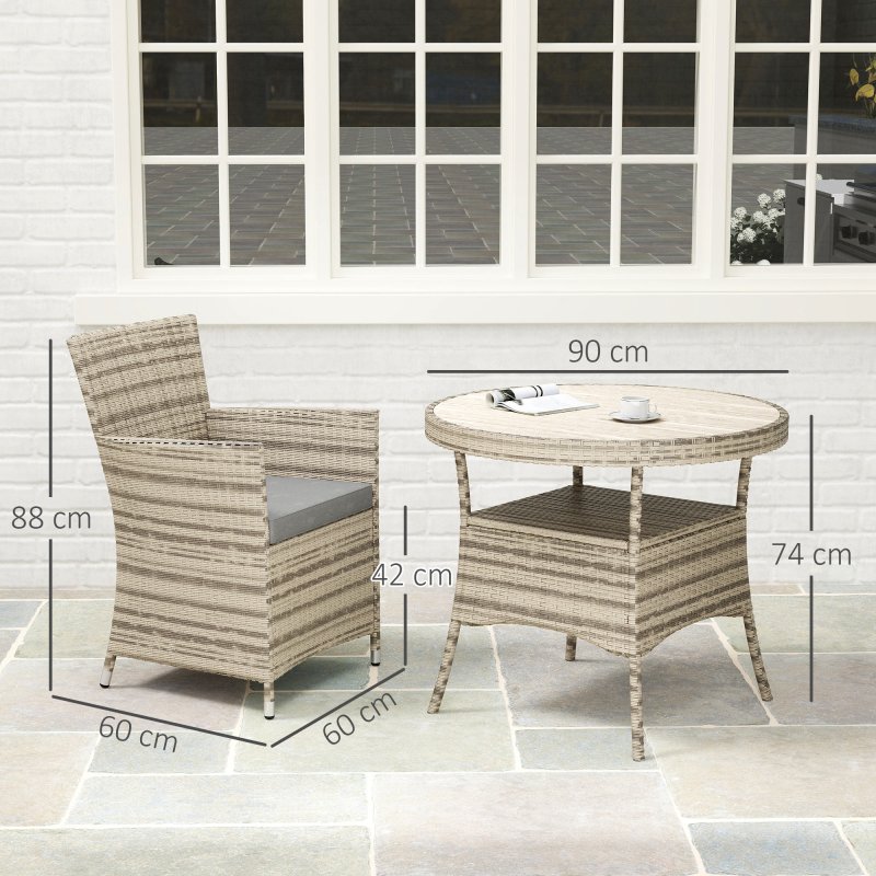 Outsunny 4 Seater Garden Dining Set with Cushions, Double Layer Table with Wood-like Slat Top, PE Rattan Garden Furniture Set, Outdoor Dining Table and Chairs for Patio, Balcony, Grey