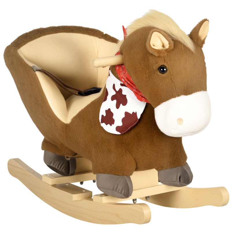 HOMCOM Kids Rocking Horse Plush Ride On Horse with Safety Belt, Realistic Sounds, Foot Pedals for Toddlers Aged 18-36 Months - Brown