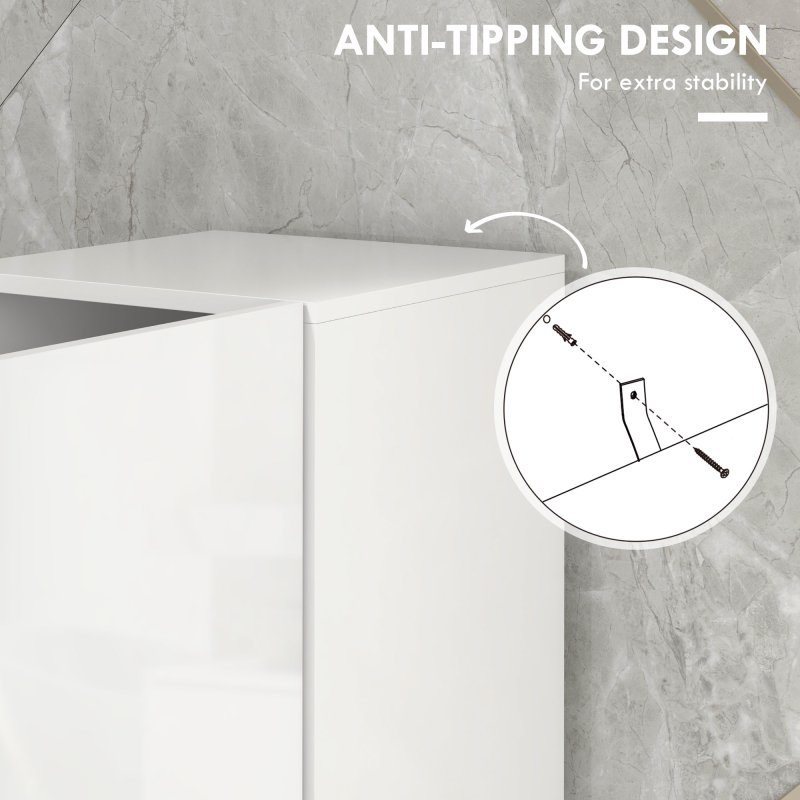 kleankin High Gloss Slim Bathroom Cabinet, Free Standing Bathroom Storage Cabinet with 2 Open Shelves, 2 Door Cupboards and Adjustable Shelves, White