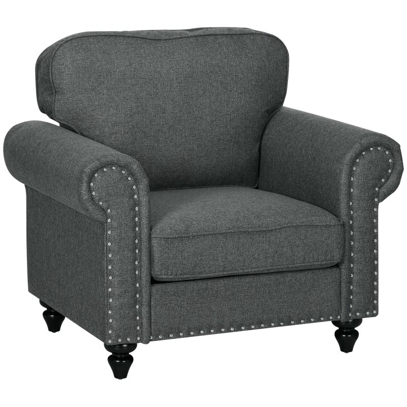HOMCOM Fabric Accent Chair with Nailhead Trim Rolled Arms and Slatted Wood Frame, Upholstered Lounge Chair for Living Room, Bedroom, Home Office