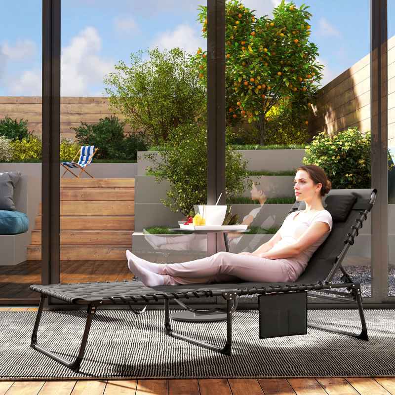 Outsunny Foldable Sun Lounger Set with 5-level Reclining Back, Outdoor Tanning Chairs Sun Loungers with Build-in Padded Seat, Side Pocket, Headrest for Beach, Patio, Black