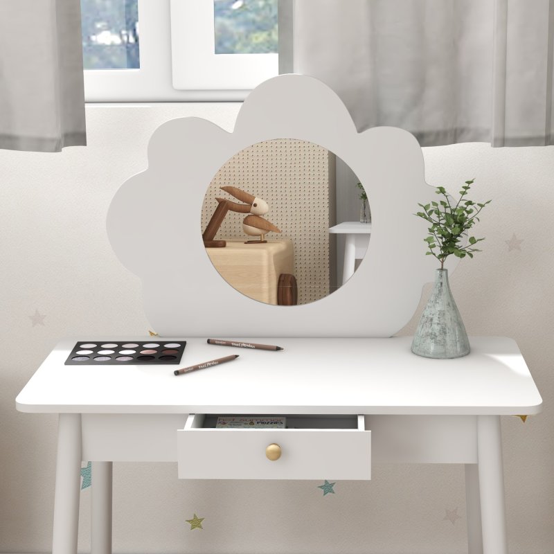 AIYAPLAY Kids Dressing Table with Mirror, Stool, Kids Vanity Table with Cloud Design, Drawer, for Ages 3-6 Years, White