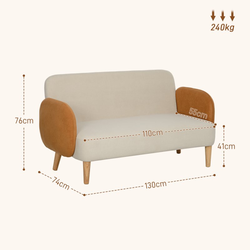 HOMCOM 2 Seater Sofa, Modern Nordic Loveseat Sofa Couch with Rubber Wood Legs, Velvet Fabric Sofa for Living Room, Bedroom, 130 x 74 x 76cm, Cream White and Orange