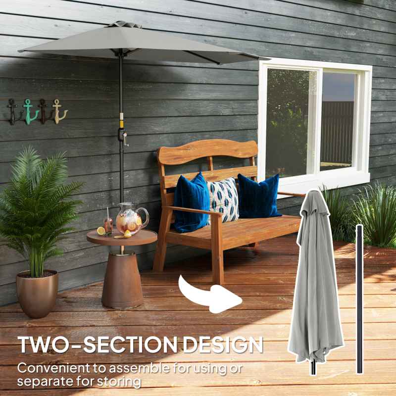 Outsunny 2.7m Garden Half Parasol, Outdoor Balcony Umbrella with 5 Steel Ribs, Patio Sun Shade, Light Grey