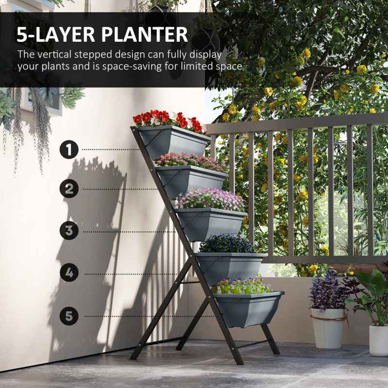 Outsunny 5-Tier Raised Garden Bed, Vertical Ladder Plant Stand with 5 Removable Boxes, Drainage Holes and Plugs, Indoor Outdoor Elevated Flower Herb Growing Box for Garden Patio Balcony, Grey