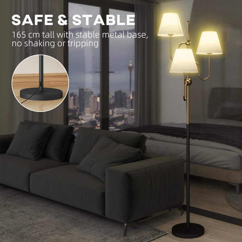 HOMCOM Floor Lamp, 165 cm Tall Standing Lamp with 3 Light and Foot Switch for Living Room, Bedroom, Bedside, Office, E27 Base Without Bulb (40W Max)