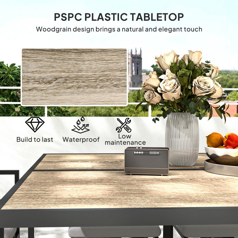 Outsunny 9 Piece Garden Dining Set, Cube Outdoor Garden Furniture Set with Cushions, 8 Seater Garden Table and Chairs with 4 Stools, Square PSPC Plastic Top Table, Side Pockets for Conservatory, Grey