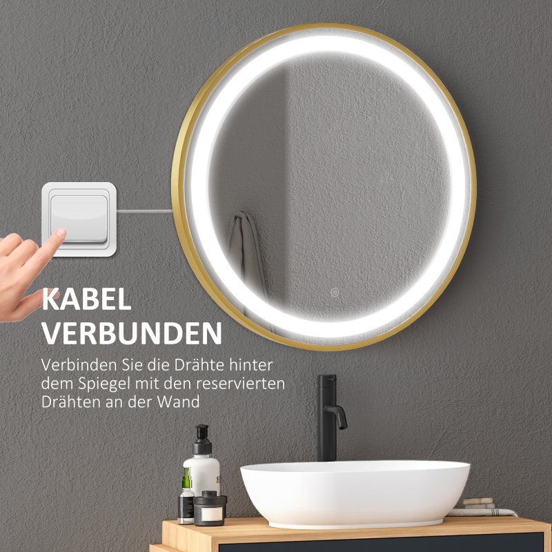 kleankin Round Bathroom LED Mirror, Dimmable Lighted Wall-Mounted Mirror with 3 Temperature Colours, Time Display, Memory Function, Hardwired, Gold