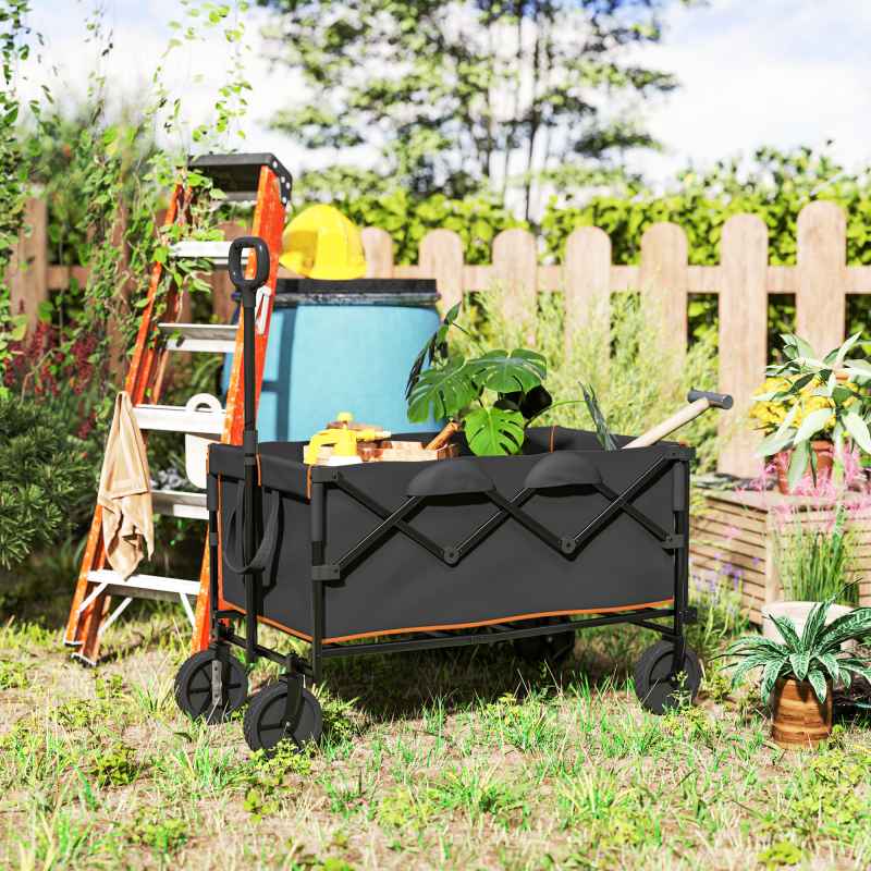 Outsunny 160L Festival Trolley on Wheels, Folding Camping Trolley Cart w/ Tailgate, 100kg Heavy Duty Garden Collapsible Folding Wagon w/Adjustable Handle, Carry Bag for Beach Picnic, Black and Orange