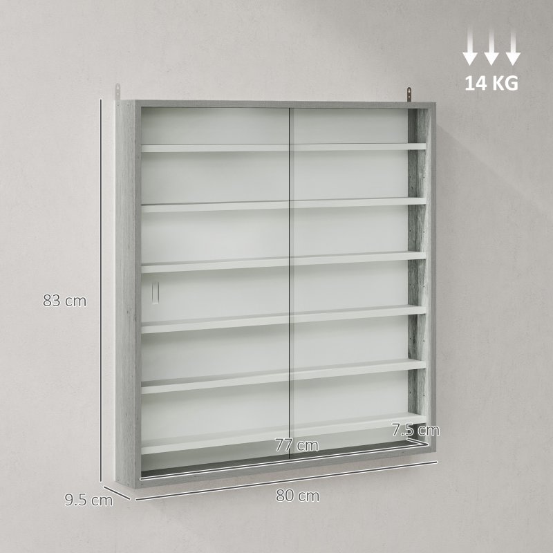 HOMCOM 7-Tier Wall Mounted Display Cabinet, Display Case with 6 Adjustable Shelves, Glass Doors for Home Office Ornaments 83x80cm, Graphite Wood Effect