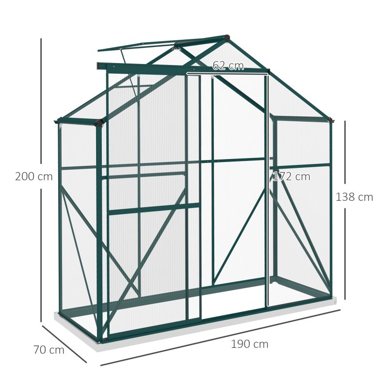 Outsunny 6 x 2.5ft Polycarbonate Greenhouse, Walk-In Green House with Sliding Door, 5-Level Roof Vent, Rain Gutter, Garden Plants Grow House with Aluminium Frame and Foundation, Green
