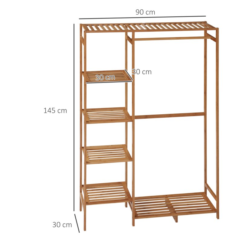 HOMCOM Bamboo Clothes Rail for Bedroom, Garment Rack with 6-Tier Storage Shelf and Hanging Rod, Clothes Rack for Living Room, Entryway, Natural Wood Effect