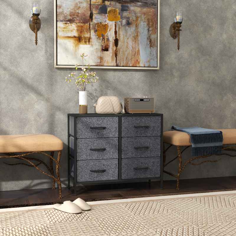 HOMCOM Fabric Chest of Drawers, Storage Drawers, Industrial Bedroom Dresser with 6 Fabric Drawers, Steel Frame and Wooden Top for Nursery, Living Room, Hallway, Black