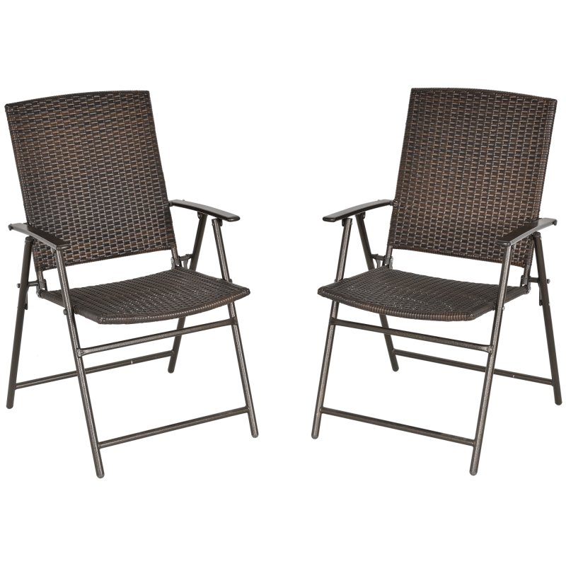 Outsunny Folding Garden Chairs Set of 2, PE Rattan Garden Dining Chairs with Armrests, High Back and Steel Frame, Weather Resistant Outdoor Dining Furniture for Patio, Balcony, Brown