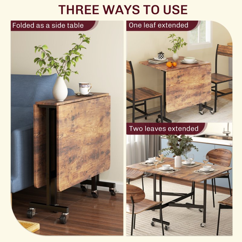 HOMCOM Mobile Drop Leaf Table, Folding Dining Table with 6 Wheels & Brakes, Kitchen Table for Small Spaces, Rustic Brown