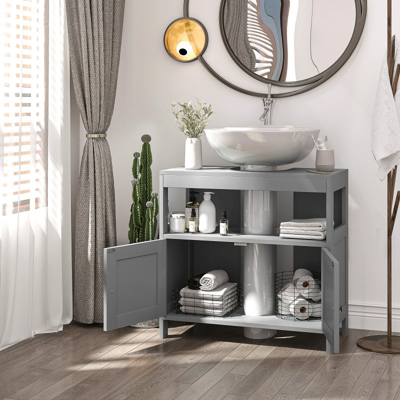 kleankin Pedestal Under Sink Cabinet with Double Doors, Modern Bathroom Vanity Storage Unit with Shelves