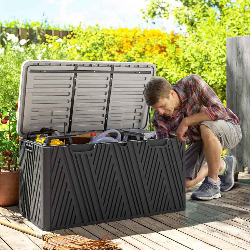 Outsunny 380L Garden Storage Box Outdoor Storage Box Waterproof with Lockable Lid and Moulded Handles, Double-Layer HDPE Deck Box, 115 x 60 x 60 cm