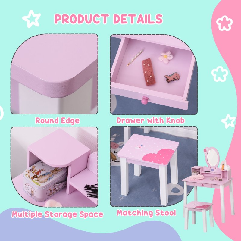 HOMCOM 2 PCS Kids Wooden Dressing Table and Stool Girls Vanity Table Makeup Table Set with Mirror Drawers Role Play Toy for Toddlers Age 3 Years +, Pink and White