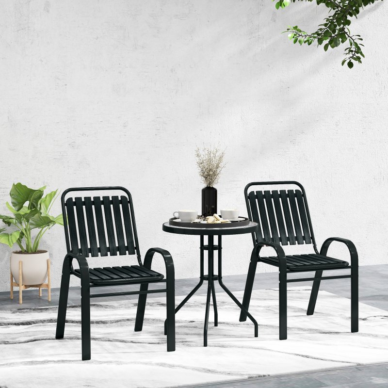 Outsunny 3 Pieces Patio Bistro Set, Garden Furniture Set with Stackable Chairs, Tempered Glass Table, Rust Resistant for Outdoor, Balcony, Patio, Garden, Charcoal Grey