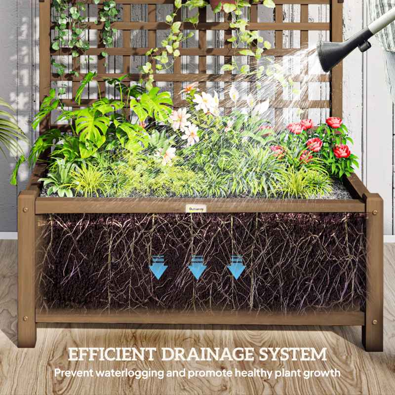 Outsunny Wood Planter with Trellis for Climbing Plants, Raised Bed, Planter Box with Drainage Holes to Grow Vegetables, Herbs and Flowers for Garden, Patio, Yard, Brown