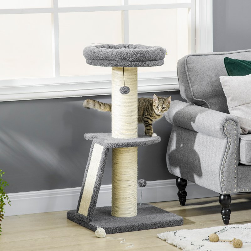PawHut Cat Tree Tower, Cat Activity Centre, with Sisal Scratching Post, Multi Level Cat Climbing Frame Indoor, 48 x 48 x 92 cm, Dark Grey