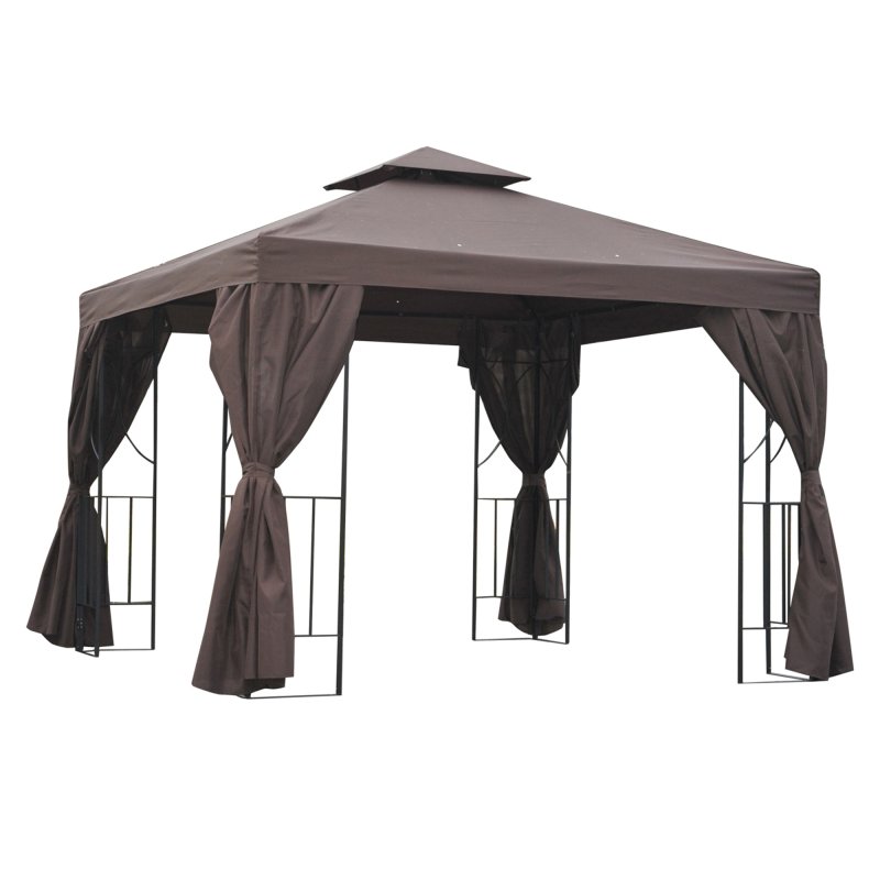 Outsunny 3 x 3 m Garden Gazebo Double-Roof Marquee Patio Wedding Party Tent Canopy Shelter with Sidewalls (Brown)