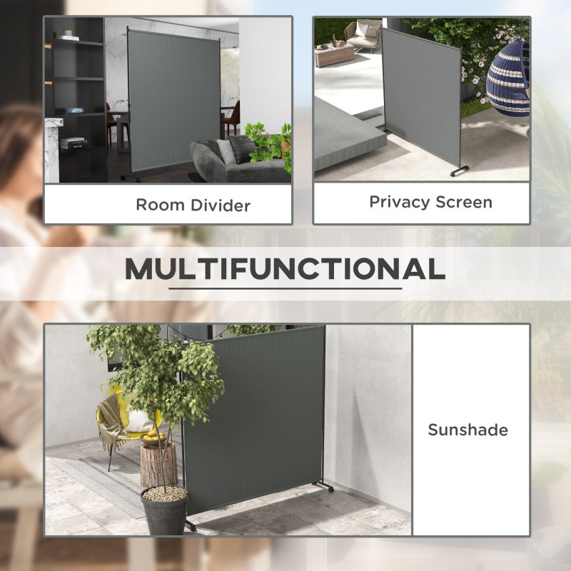 Outsunny Decorative Garden Partition Screen with Lockable Wheels, 6FT Portable Privacy Screen, Single Freestanding Metal Room Divider Panel for Garden Hot Tub Deck Pool, Dark Grey