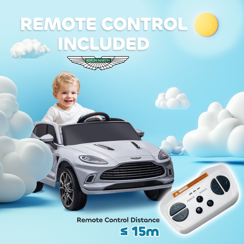 AIYAPLAY Aston Martin DBX Licensed 12V Kids Ride on Car, Kids Electric Car with Remote Control, 4 Suspension Wheels, LED Lights, Music, Horn, Slow Start, for Ages 3-6 Years, Grey