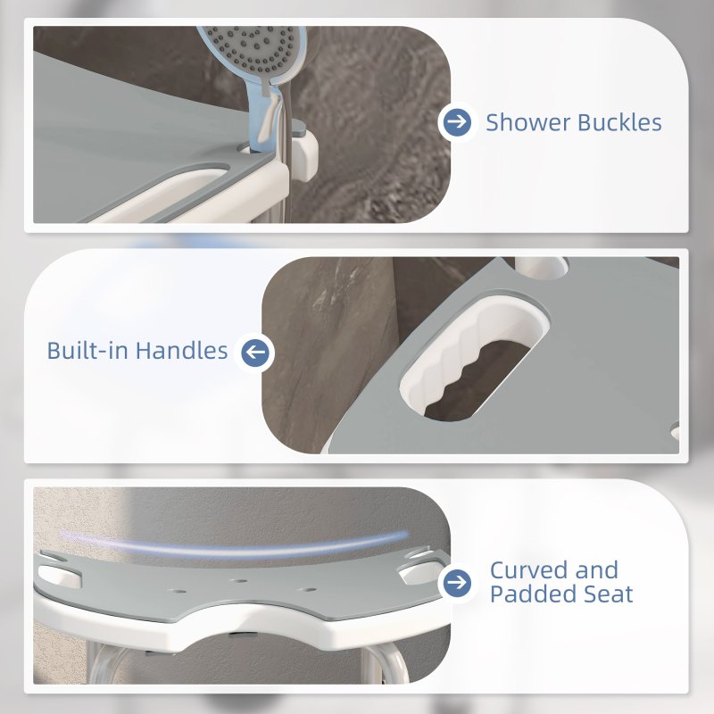 HOMCOM Height Adjustable Shower Stool with Suction Grab Rail, Aluminium Shower Chair with U-Shaped Padded Seat, Non-Slip Bath Stool for Elderly, Disabled, Seniors, Pregnant