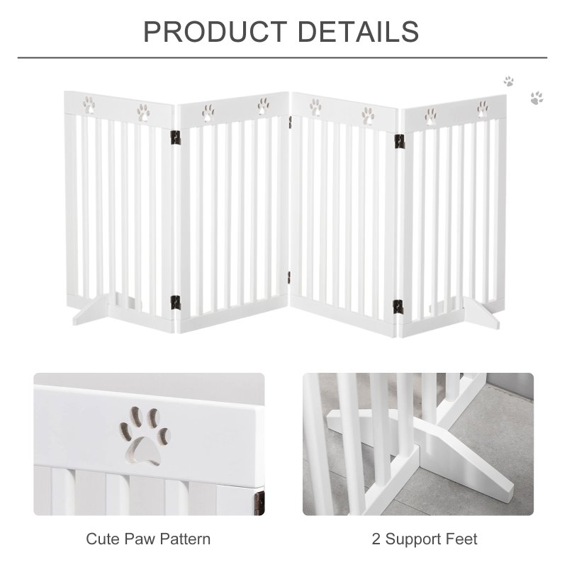 PawHut Freestanding Pet Gate 4 Panel Dog Barrier Folding Safety Fence with Support Feet up to 204cm Long 75cm Tall for Doorway Stairs, White