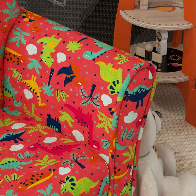 AIYAPLAY Kids Sofa Chair, Toddler Armchair with Dinosaur Design, Wooden Frame, Upholstered Toddler Chair for Bedroom, Playroom, Kids Room - Red