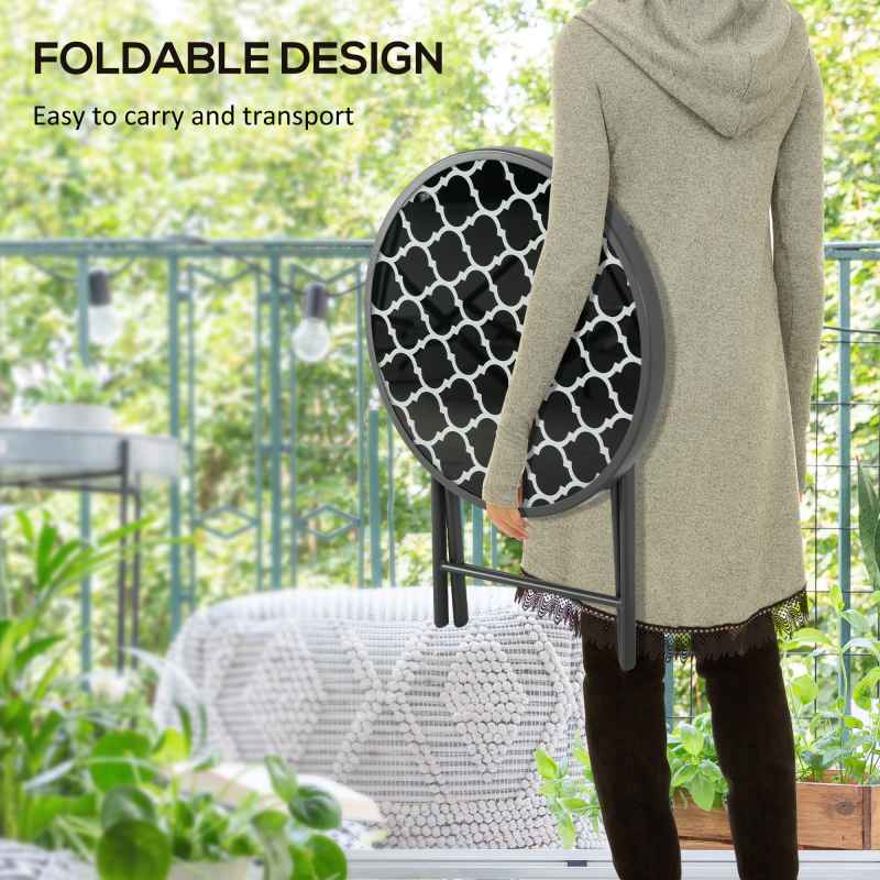 Outsunny ??45cm Garden Side Table, Outdoor Round Folding Patio Table with Imitation Marble Glass Top, Small Coffee Table, Black and White
