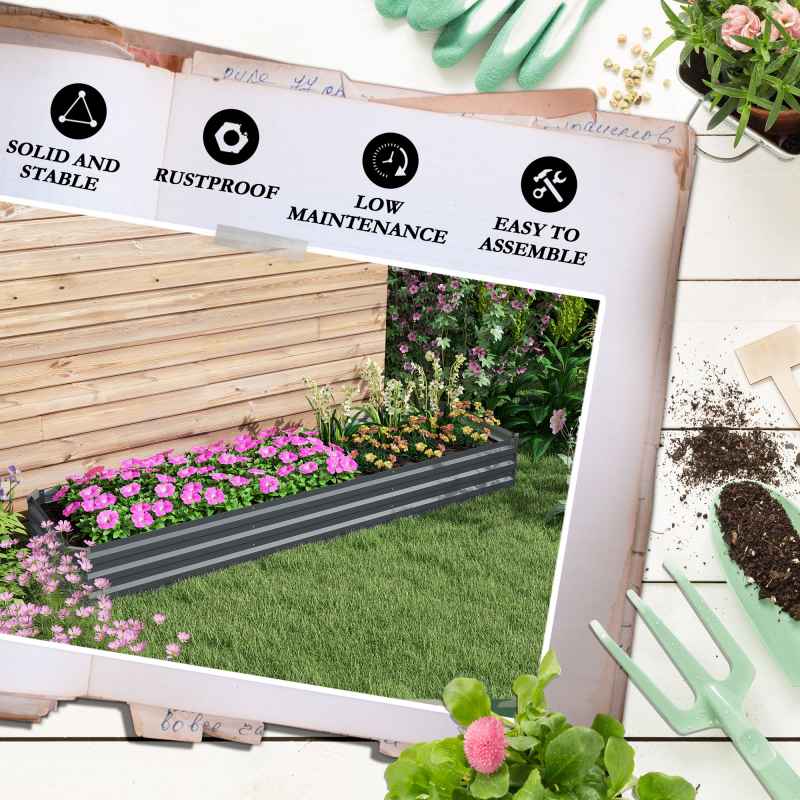 Outsunny Galvanised Raised Bed for Garden, Rectangular Outdoor Elevated Planter Box with Safety Edging and Open Bottom for Growing Flowers, Herbs and Vegetables, 240 x 60 cm, Grey